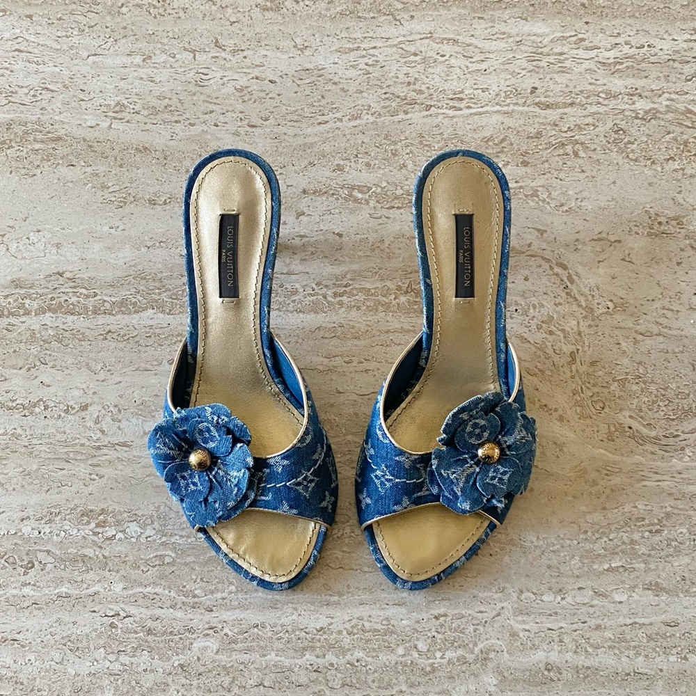 Vintage Louis Vuitton Denim Monogram Flower Sandal Heels